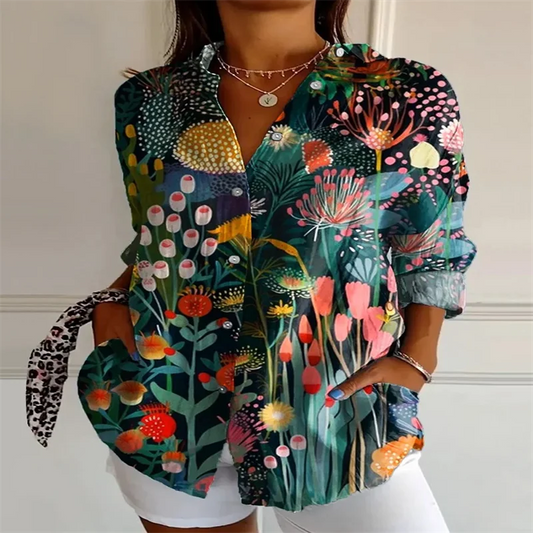2025 New Retro Floral Art Print Casual Linen Shirt Fashionable Pretty Shirt Fast Shipping