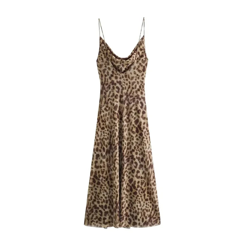 Leopard Print Long Dress Women Tulle Backless Slip Dress Woman Summer Sexy Holiday Dresses 2024 Vintage Midi Party Dresses