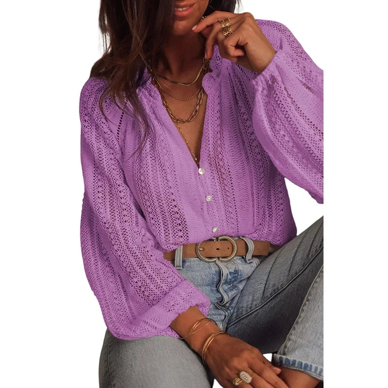 Vintage Long Sleeve Blouses Summer Casual Elegant Ladies Blusas Boho Beach Hollow Out Lace Blouse Shirt for Women Top