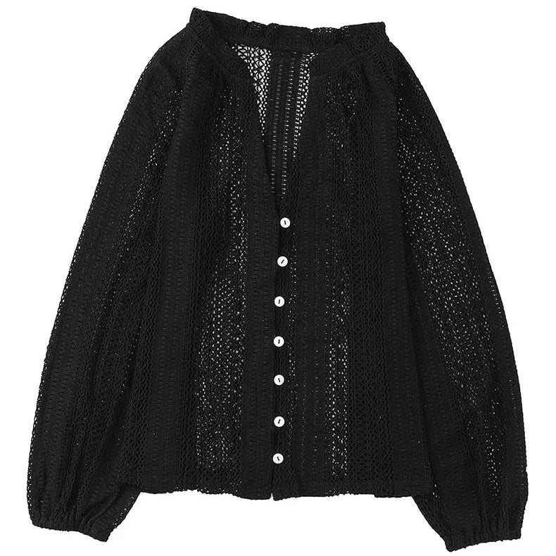 Vintage Long Sleeve Blouses Summer Casual Elegant Ladies Blusas Boho Beach Hollow Out Lace Blouse Shirt for Women Top