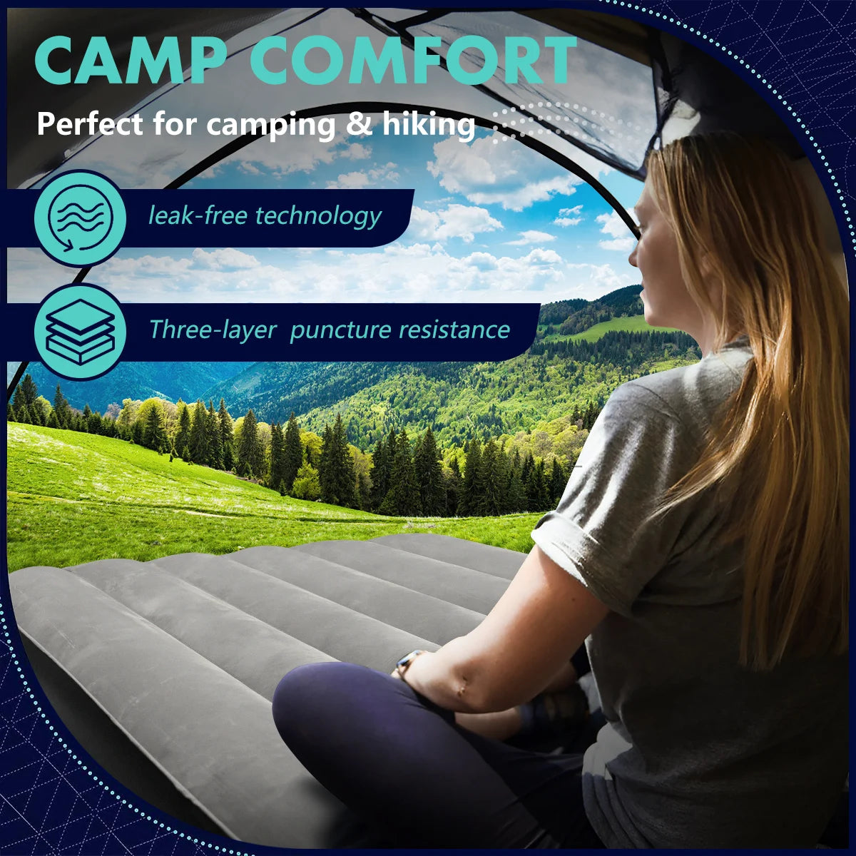 Air Mattress Inflatable Camping Air Bed with Build-in Pillow for Family, Camping and Travel,  Waterproof and Comfortable