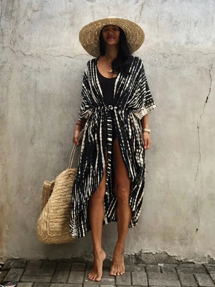 Beach Cover Ups for Swimwear Women Black Tie Dye Kimono Swimsuit Cape Summer Dress 2022 Beachwear Outfits Sales