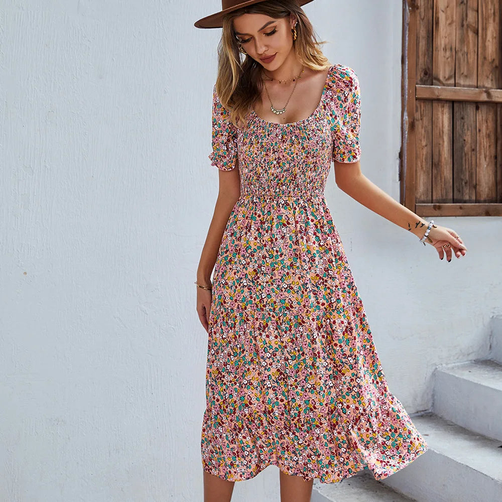 Bohemia Print Dress Women 2024 New Summer Holiday Midi Dress Casual Puff Sleeve High Waist Boho Split Dresses For Women Clothes