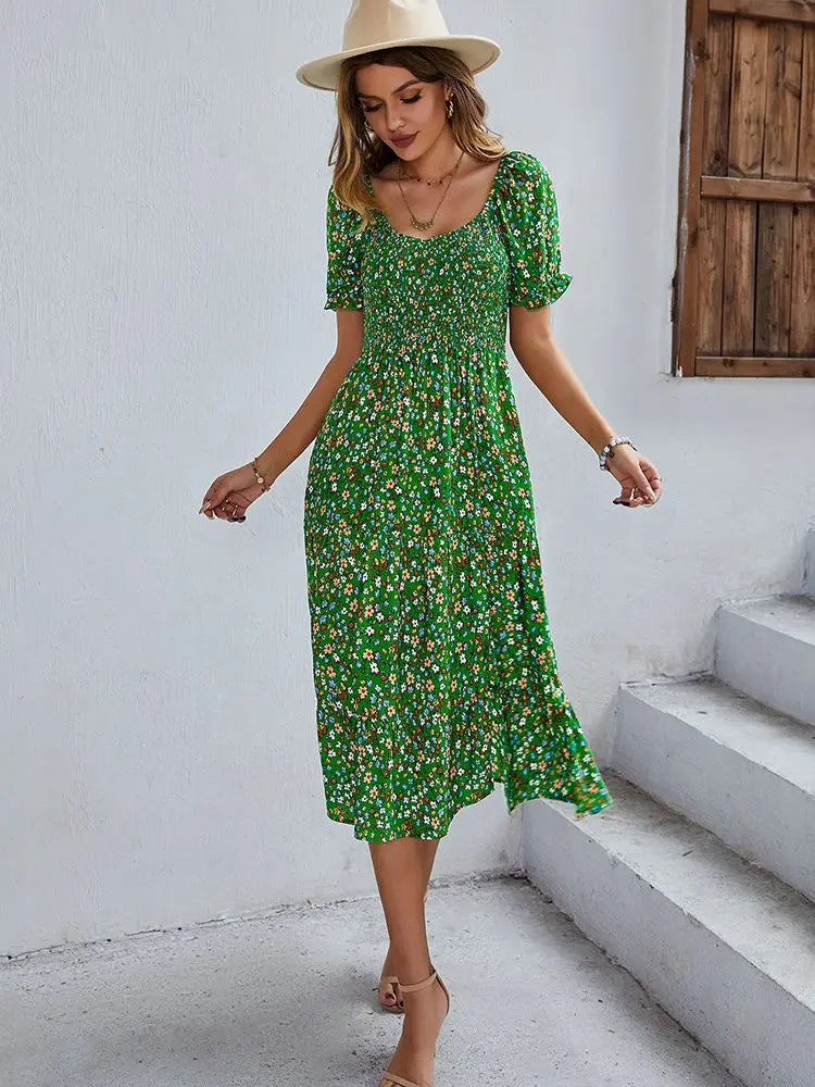 Bohemia Print Dress Women 2024 New Summer Holiday Midi Dress Casual Puff Sleeve High Waist Boho Split Dresses For Women Clothes