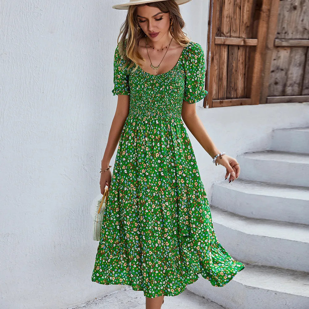 Bohemia Print Dress Women 2024 New Summer Holiday Midi Dress Casual Puff Sleeve High Waist Boho Split Dresses For Women Clothes