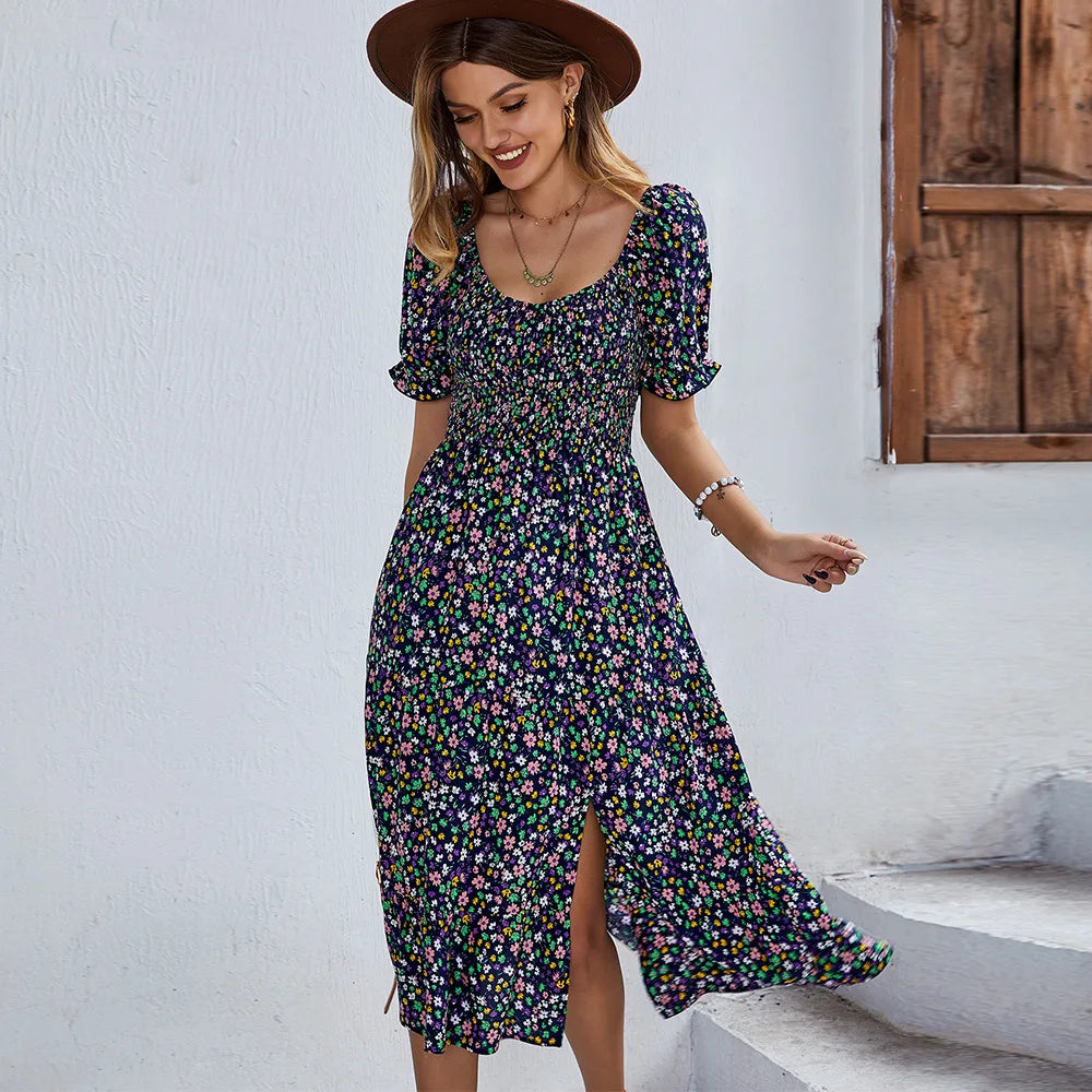 Bohemia Print Dress Women 2024 New Summer Holiday Midi Dress Casual Puff Sleeve High Waist Boho Split Dresses For Women Clothes