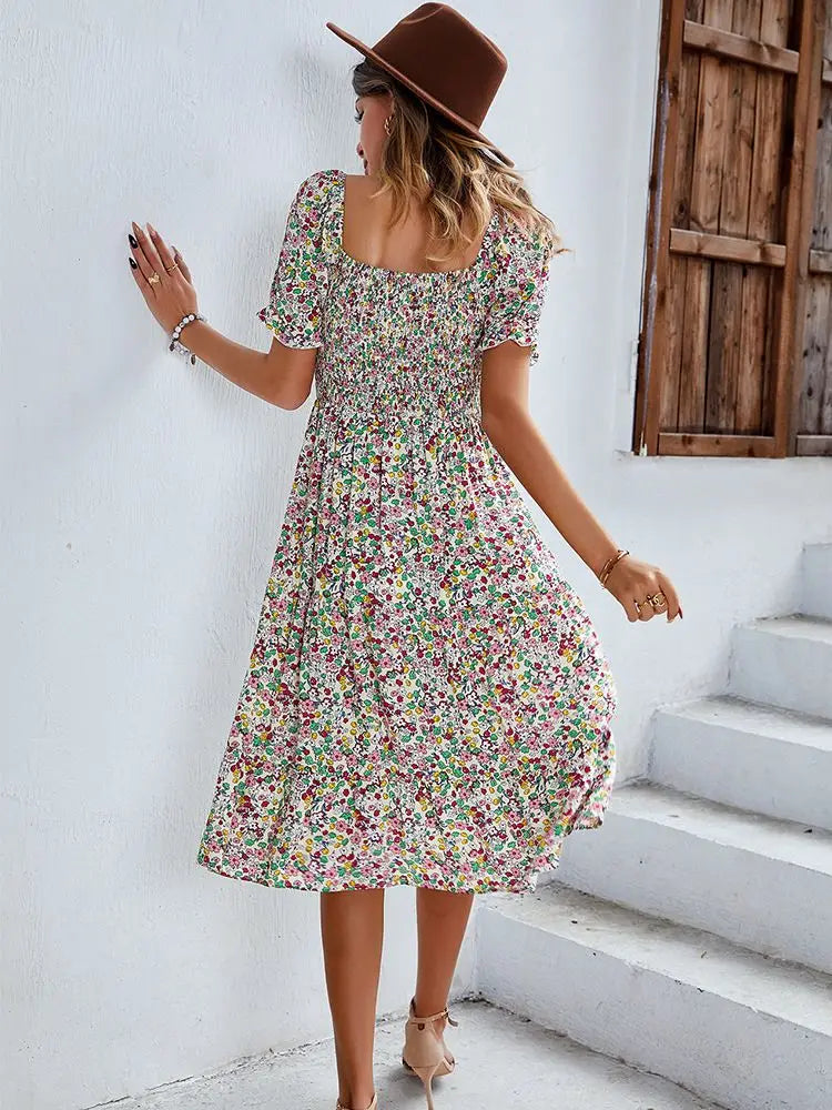 Bohemia Print Dress Women 2024 New Summer Holiday Midi Dress Casual Puff Sleeve High Waist Boho Split Dresses For Women Clothes