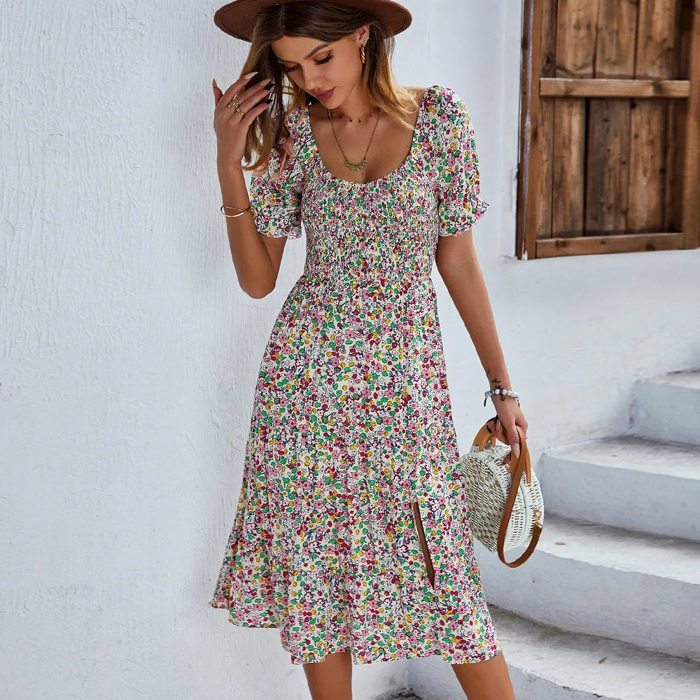 Bohemia Print Dress Women 2024 New Summer Holiday Midi Dress Casual Puff Sleeve High Waist Boho Split Dresses For Women Clothes