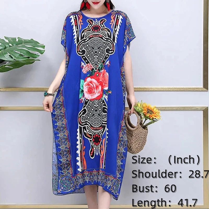 Bohemian National Style Leisure Holiday Beach Printed Poker Indonesia Floral O-neck Loose Midi Dress Pajamas Loungewear Woman