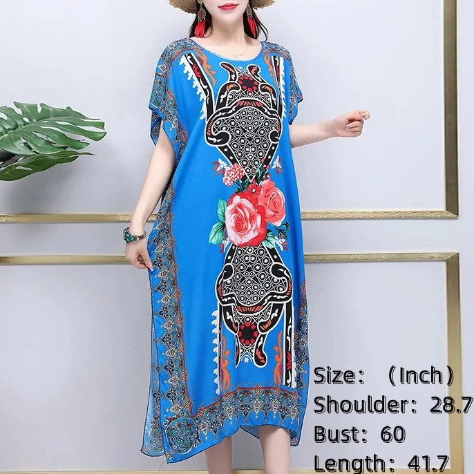 Bohemian National Style Leisure Holiday Beach Printed Poker Indonesia Floral O-neck Loose Midi Dress Pajamas Loungewear Woman