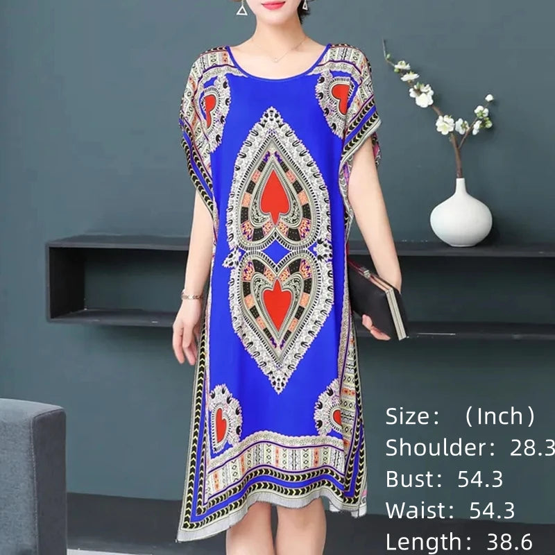 Bohemian National Style Leisure Holiday Beach Printed Poker Indonesia Floral O-neck Loose Midi Dress Pajamas Loungewear Woman