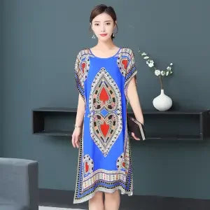 Bohemian National Style Leisure Holiday Beach Printed Poker Indonesia Floral O-neck Loose Midi Dress Pajamas Loungewear Woman