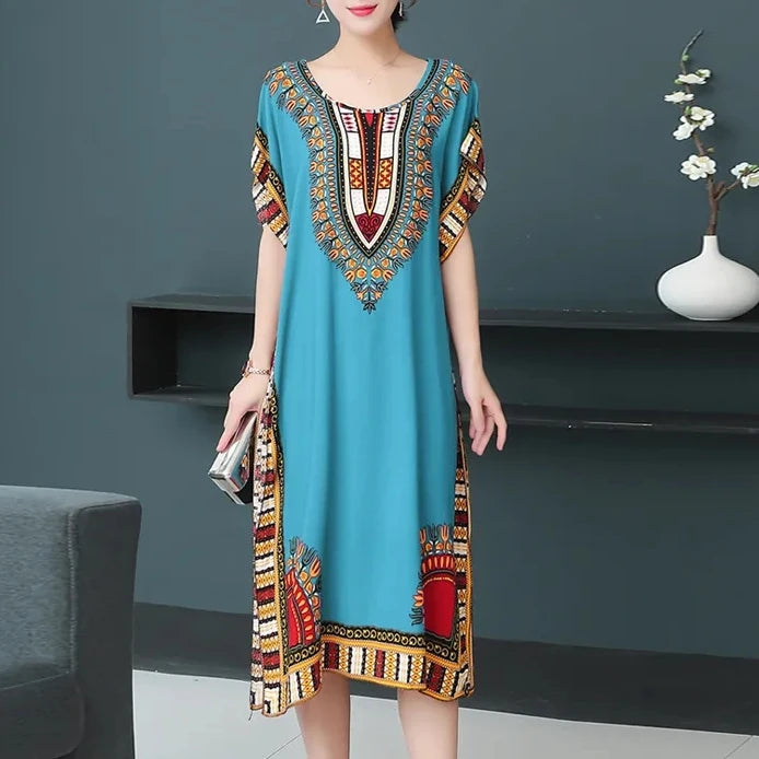 Bohemian National Style Leisure Holiday Beach Printed Poker Indonesia Floral O-neck Loose Midi Dress Pajamas Loungewear Woman