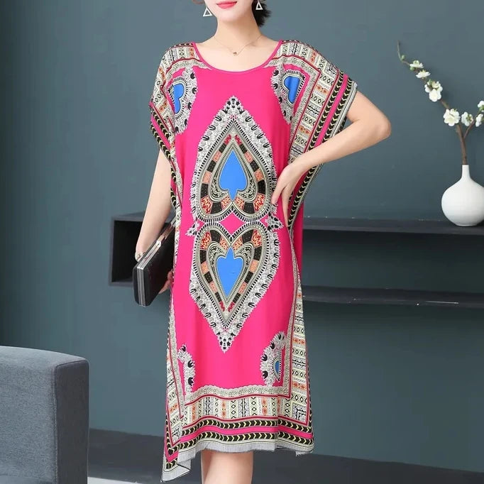 Bohemian National Style Leisure Holiday Beach Printed Poker Indonesia Floral O-neck Loose Midi Dress Pajamas Loungewear Woman