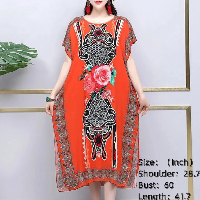 Bohemian National Style Leisure Holiday Beach Printed Poker Indonesia Floral O-neck Loose Midi Dress Pajamas Loungewear Woman