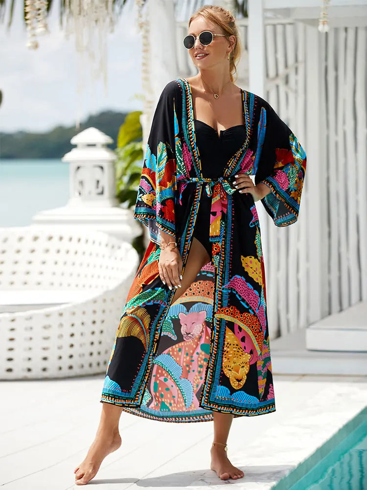 Bohemian Printed Belt Kimono Plus Size Batwing Sleeve Dress Summer Autumn Women Loose Beachwear Swimsuit Cover Up Sarong