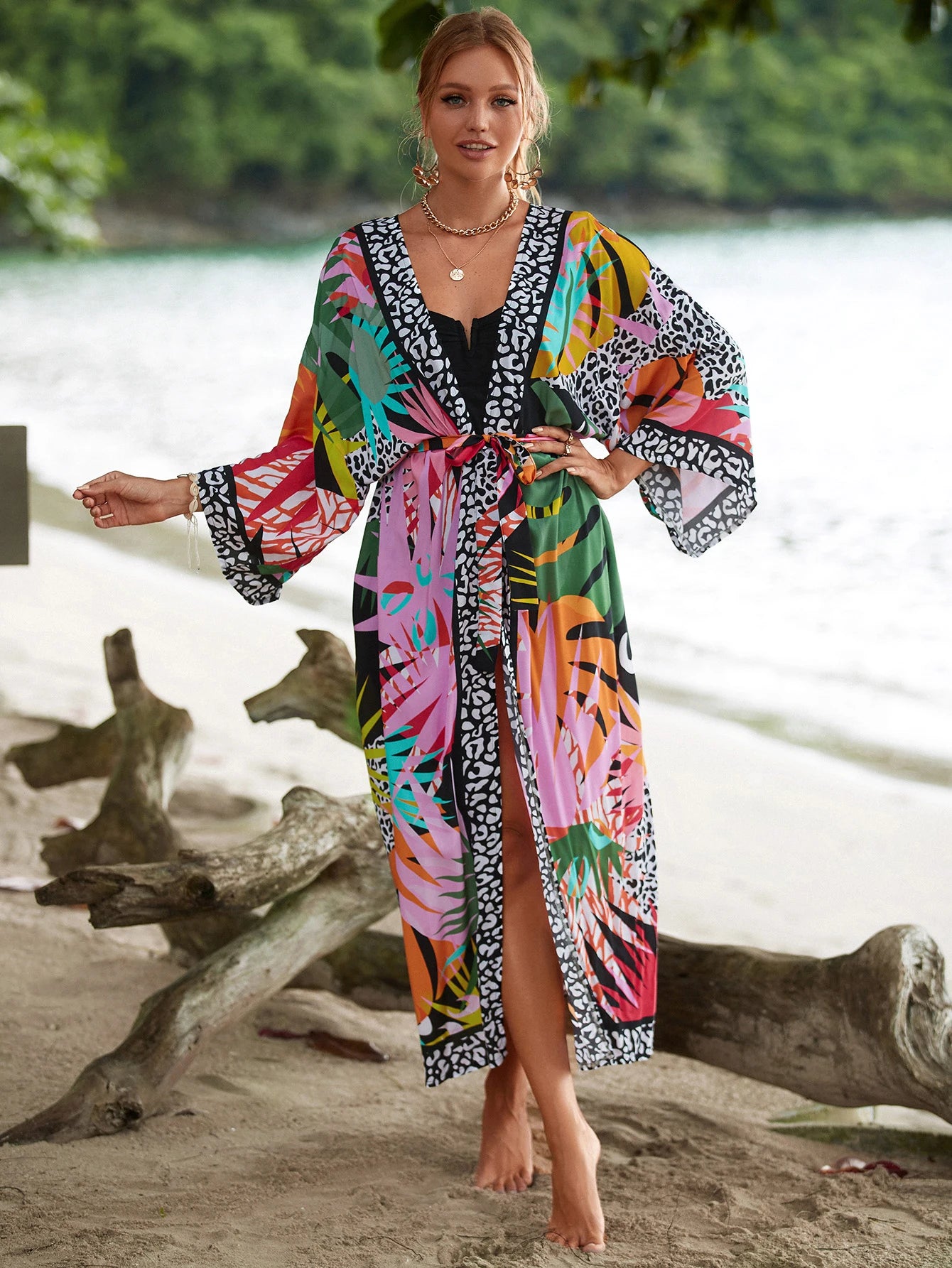 Bohemian Printed Belt Kimono Plus Size Batwing Sleeve Dress Summer Autumn Women Loose Beachwear Swimsuit Cover Up Sarong