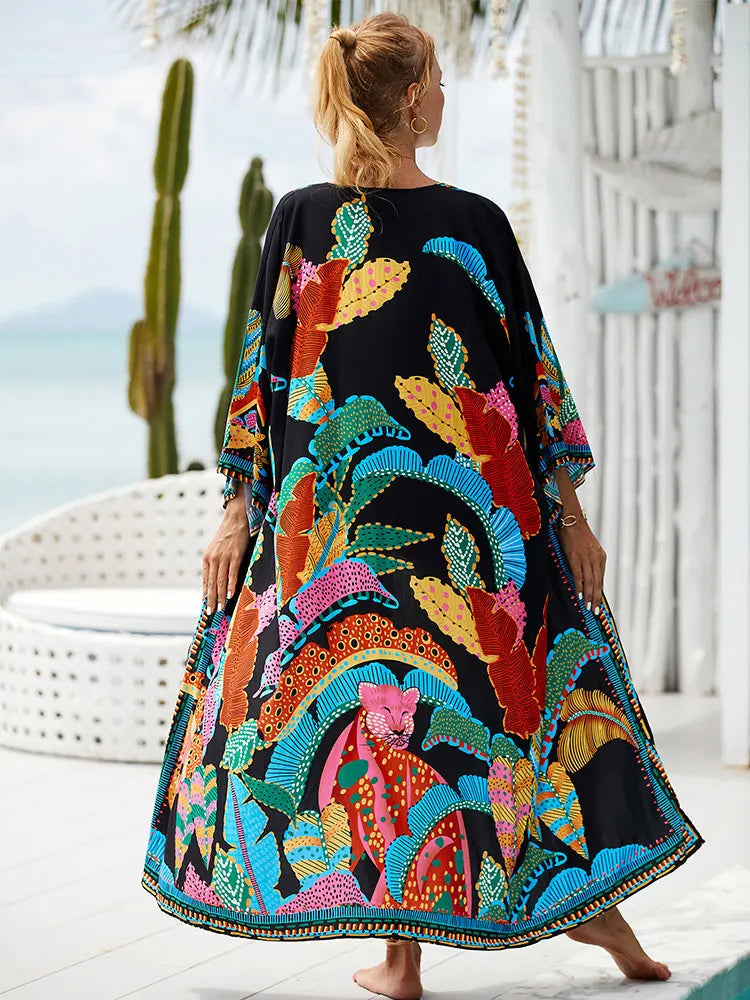 Bohemian Printed Belt Kimono Plus Size Batwing Sleeve Dress Summer Autumn Women Loose Beachwear Swimsuit Cover Up Sarong