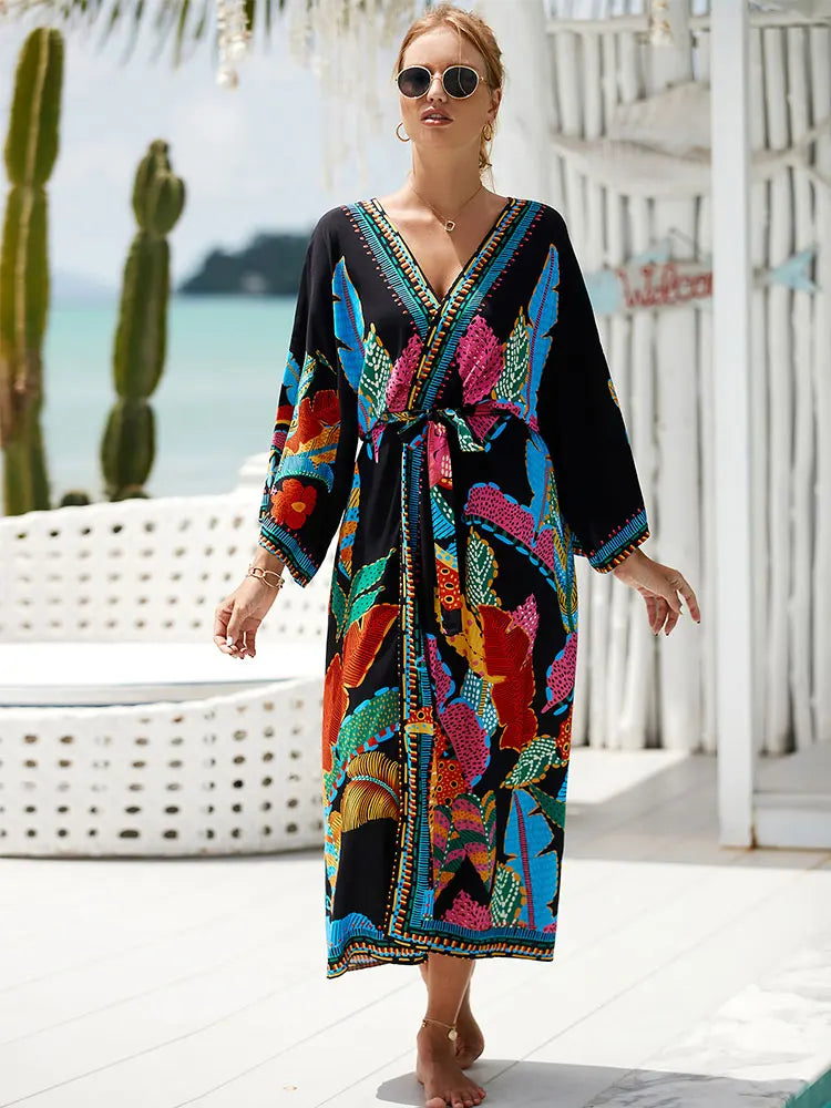 Bohemian Printed Belt Kimono Plus Size Batwing Sleeve Dress Summer Autumn Women Loose Beachwear Swimsuit Cover Up Sarong