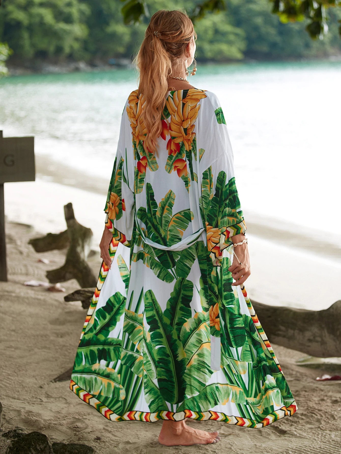 Bohemian Printed Belt Kimono Plus Size Batwing Sleeve Dress Summer Autumn Women Loose Beachwear Swimsuit Cover Up Sarong