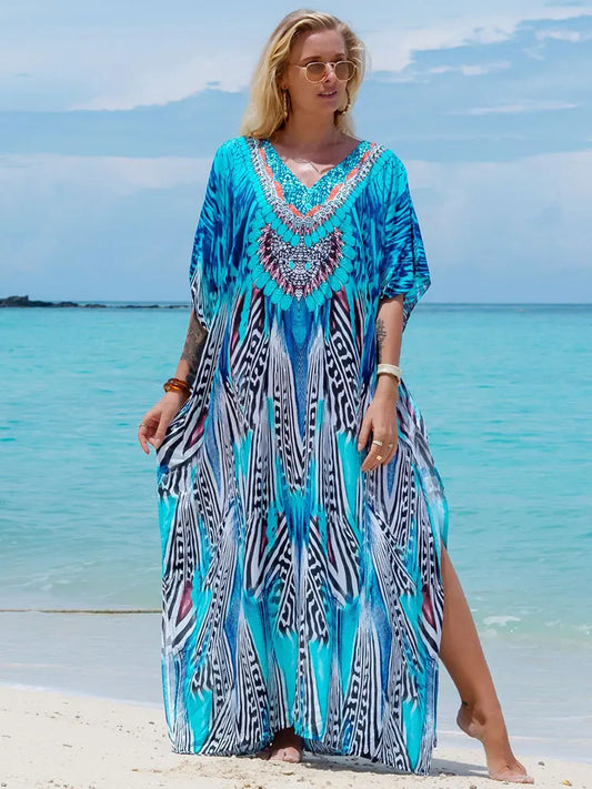 Bohemian Seaside Plus Size Print Kaftan Maxi Dress V Neck Slit Loose Robe Women 2024 Summer Beachwear Swimsuit Cover-ups Q1415