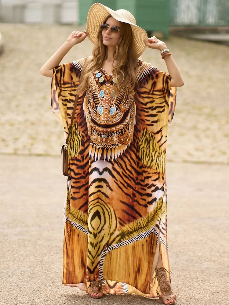 Bohemian Seaside Plus Size Print Kaftan Maxi Dress V Neck Slit Loose Robe Women 2024 Summer Beachwear Swimsuit Cover-ups Q1415