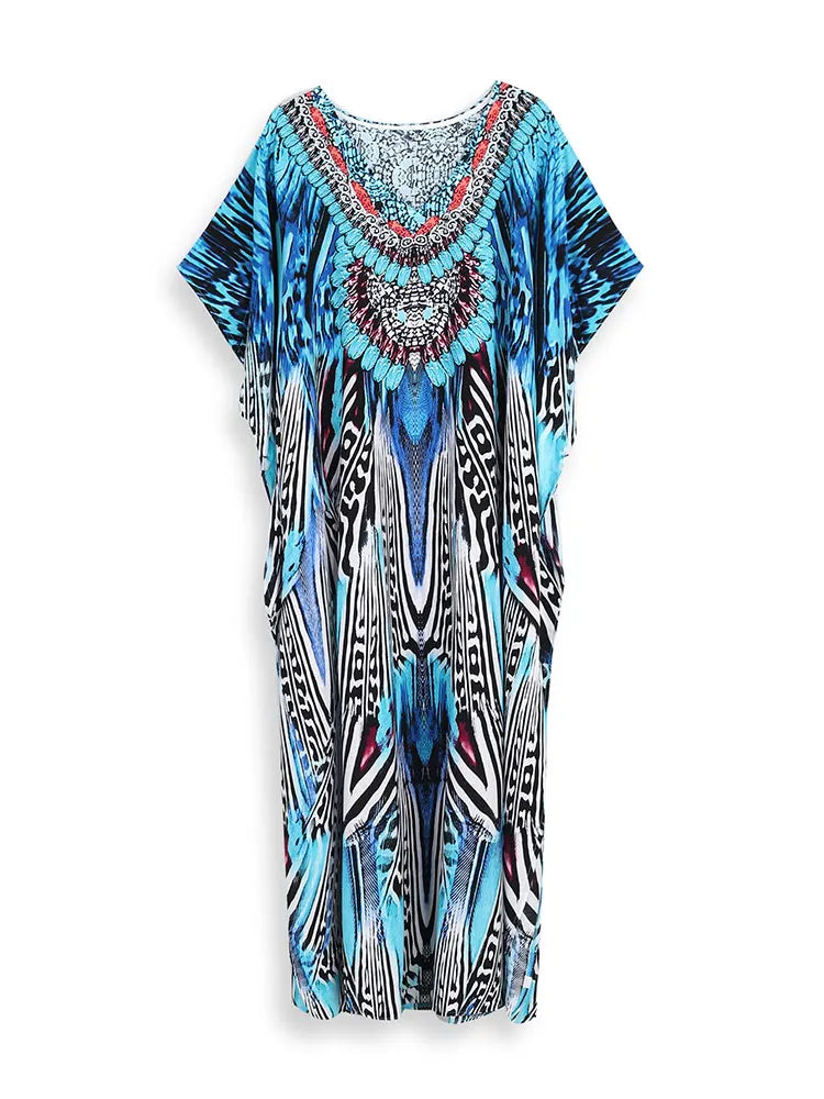 Bohemian Seaside Plus Size Print Kaftan Maxi Dress V Neck Slit Loose Robe Women 2024 Summer Beachwear Swimsuit Cover-ups Q1415