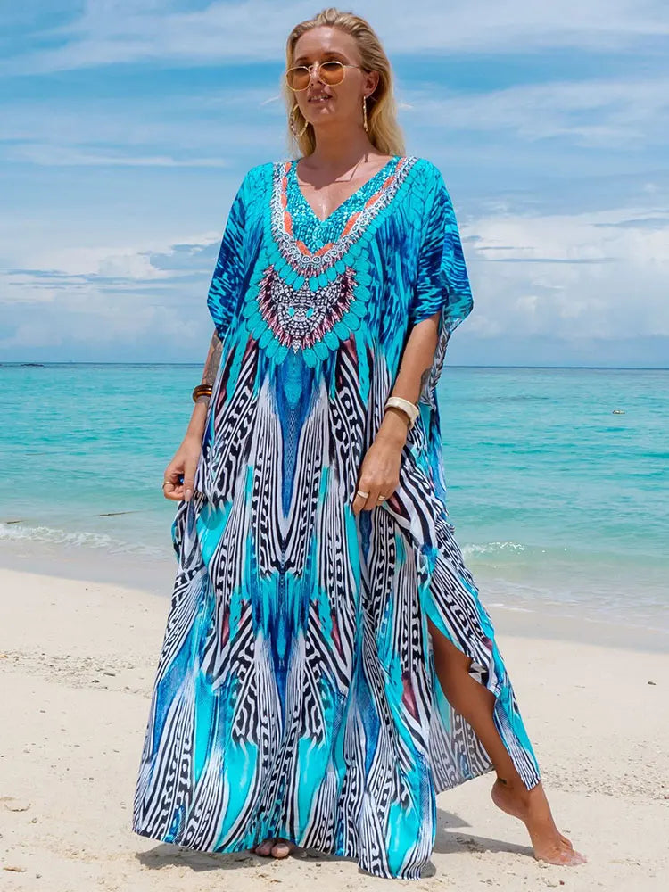 Bohemian Seaside Plus Size Print Kaftan Maxi Dress V Neck Slit Loose Robe Women 2024 Summer Beachwear Swimsuit Cover-ups Q1415