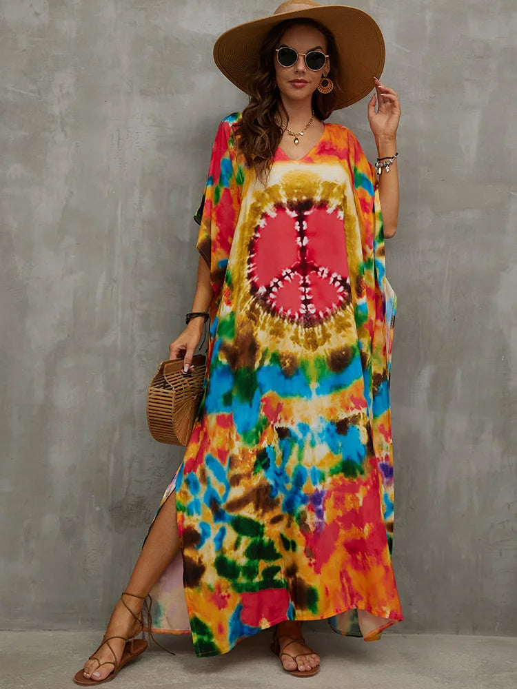 Bohemian Seaside Plus Size Print Kaftan Maxi Dress V Neck Slit Loose Robe Women 2024 Summer Beachwear Swimsuit Cover-ups Q1415