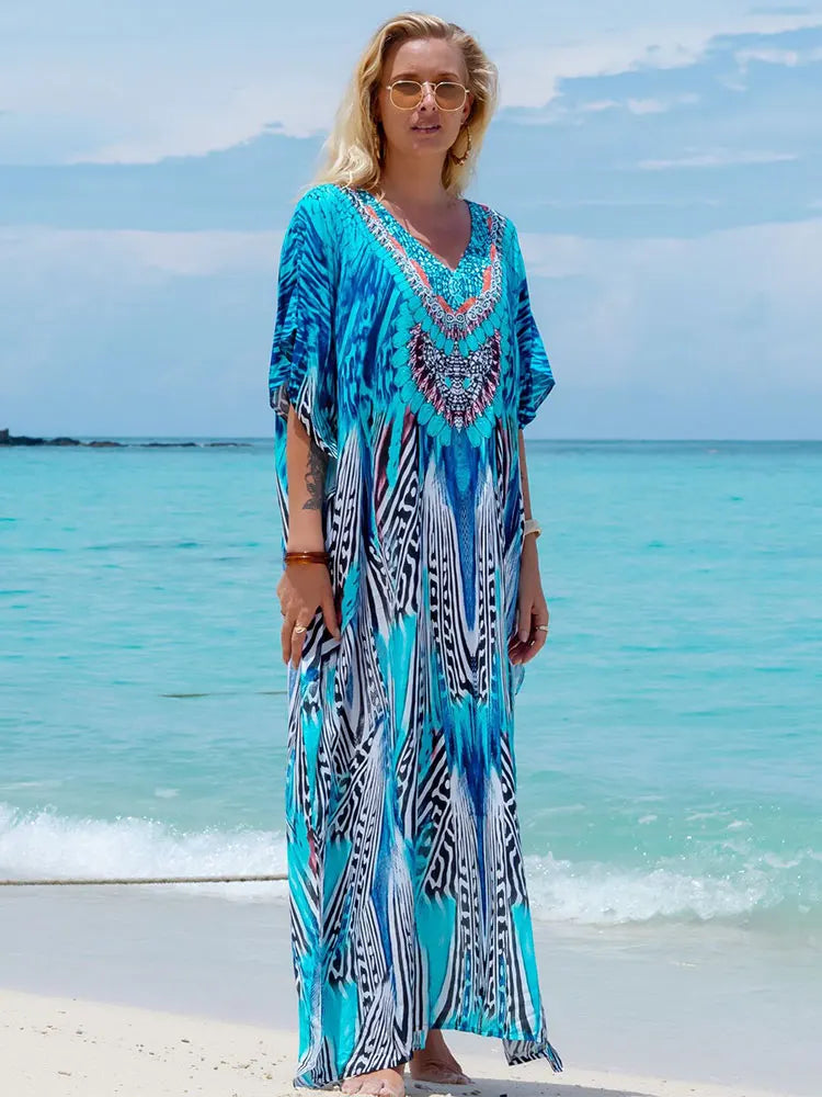 Bohemian Seaside Plus Size Print Kaftan Maxi Dress V Neck Slit Loose Robe Women 2024 Summer Beachwear Swimsuit Cover-ups Q1415