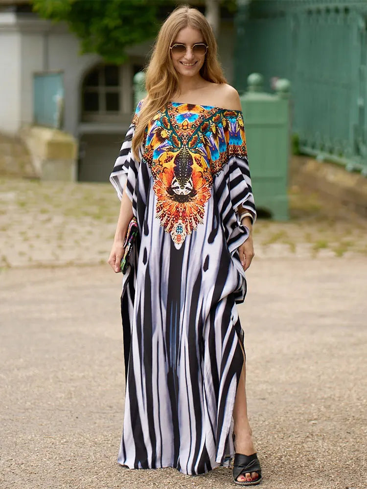 Bohemian Seaside Plus Size Print Kaftan Maxi Dress V Neck Slit Loose Robe Women 2024 Summer Beachwear Swimsuit Cover-ups Q1415