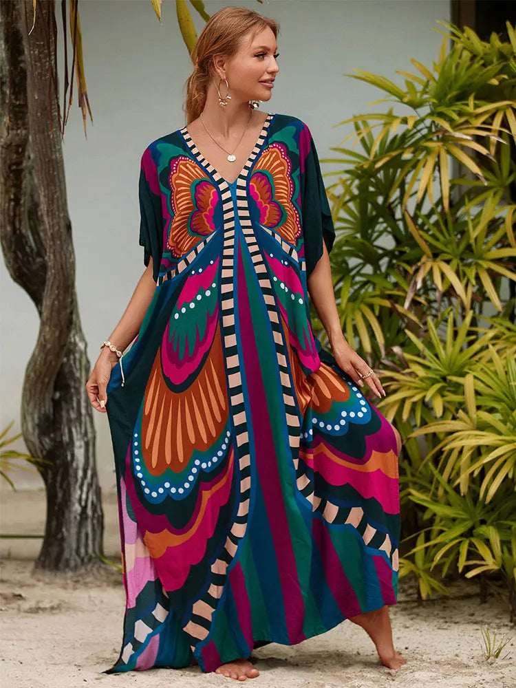 Bohemian Seaside Plus Size Print Kaftan Maxi Dress V Neck Slit Loose Robe Women 2024 Summer Beachwear Swimsuit Cover-ups Q1415