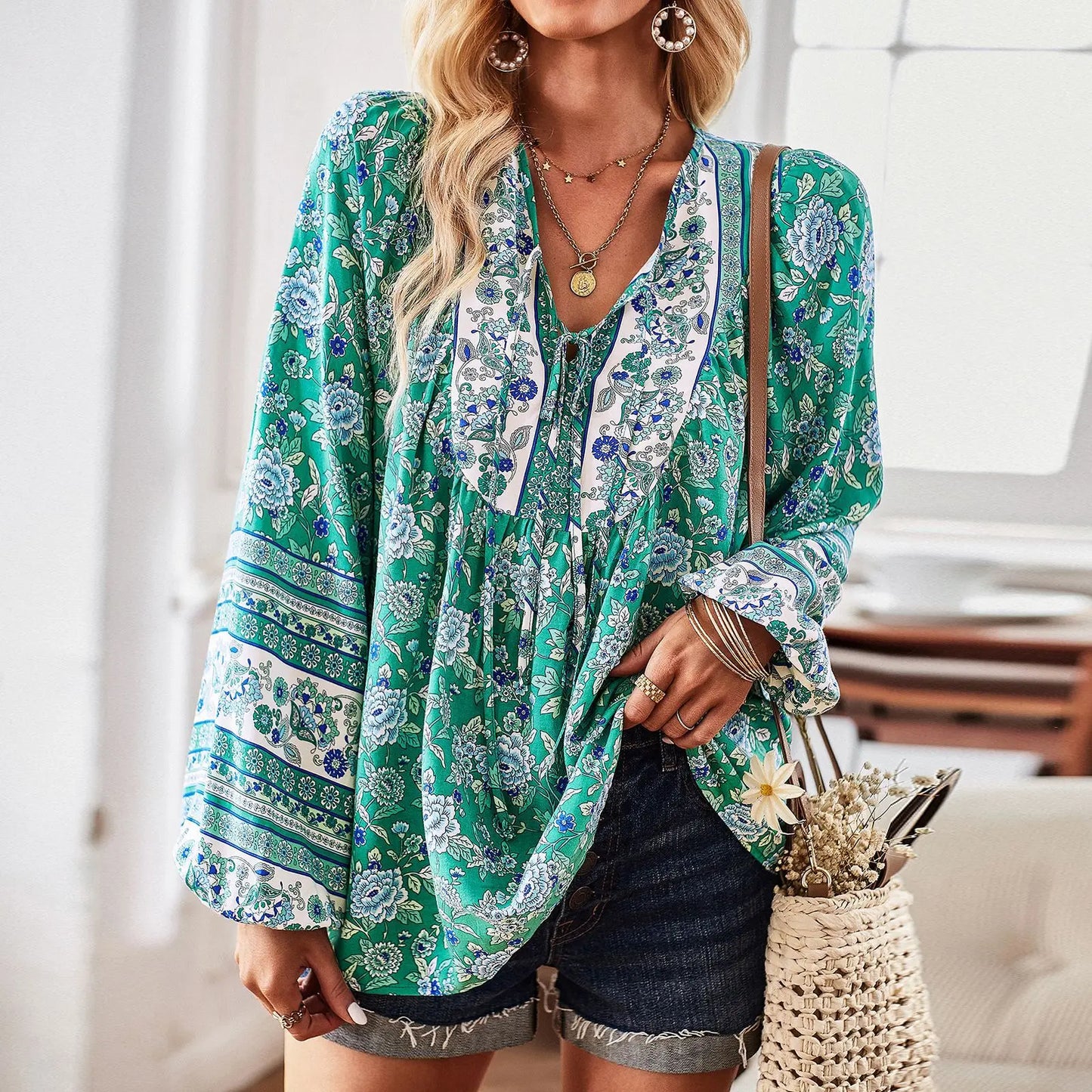 Boho Inspired Boho blouse floral print V-neck long sleeve blouse women chic women blouse Hippie bohemian style autumn women tops