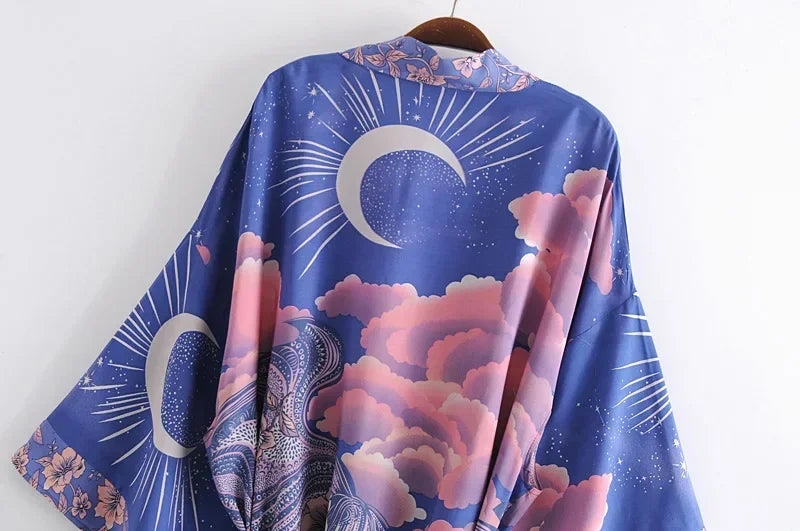 Boho Queens Vintage Star and Moon Floral Print Sashes Women Bohemian V Neck Batwing Sleeves  Happie Short Robe Kimono