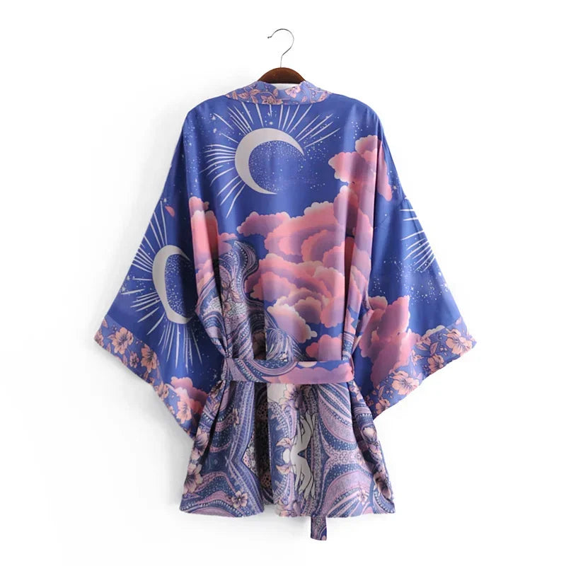 Boho Queens Vintage Star and Moon Floral Print Sashes Women Bohemian V Neck Batwing Sleeves  Happie Short Robe Kimono