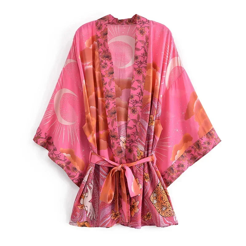Boho Queens Vintage Star and Moon Floral Print Sashes Women Bohemian V Neck Batwing Sleeves  Happie Short Robe Kimono