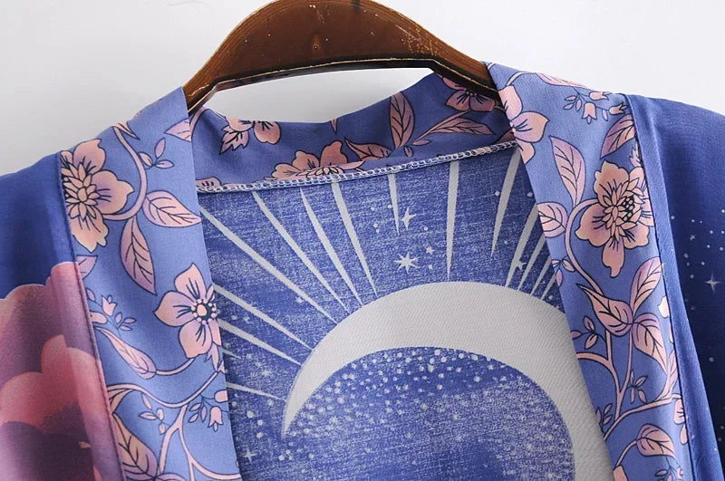 Boho Queens Vintage Star and Moon Floral Print Sashes Women Bohemian V Neck Batwing Sleeves  Happie Short Robe Kimono