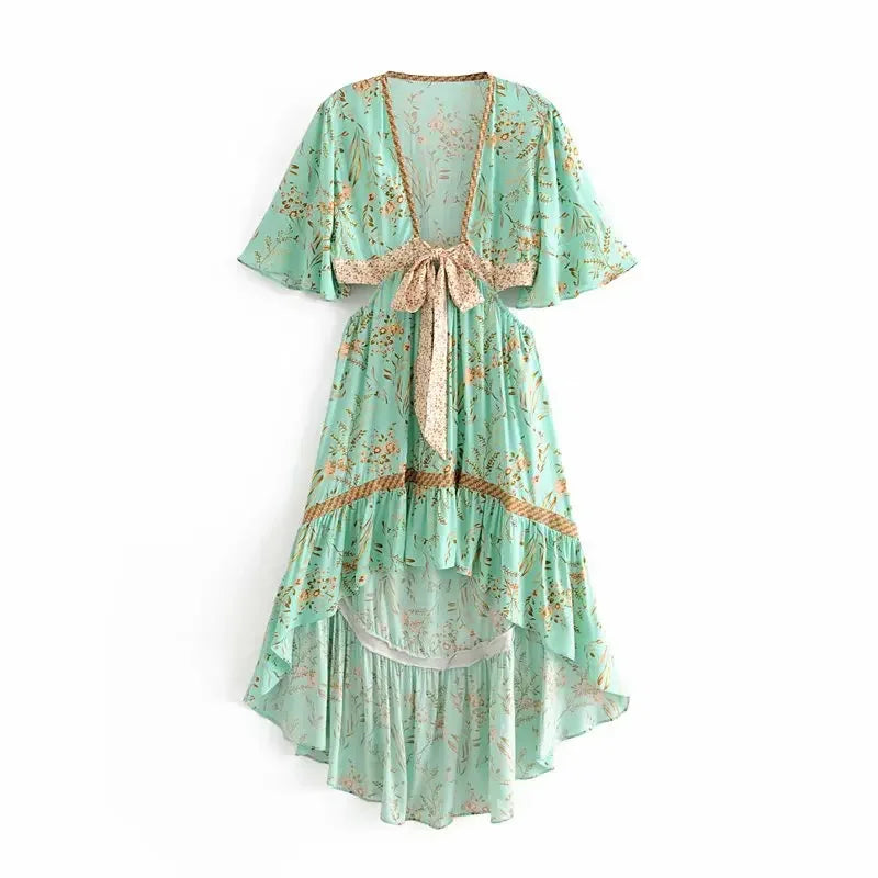 Boho Queens  Women Hollow Out Sexy Beach Dress Bohemian Lady Short Sleeve Rayon Summer Boho Dresses Robe