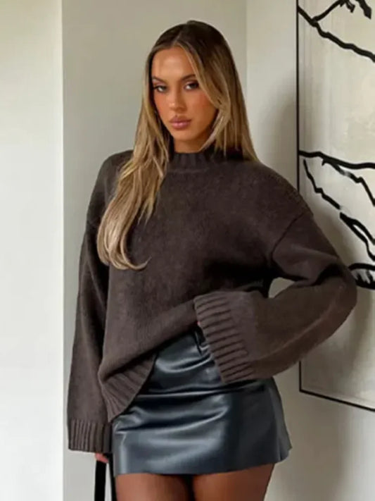 Brown Round Neck Knit Pullovers Woman Chic Long Sleeves Loose Jumper Sweaters New Autumn Winter Casual Thick Warm Tops