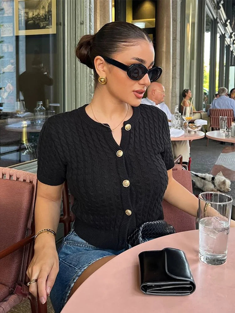 Casual knitted Single Breasted Cardigan Women Autumn Solid Short Sleeve O-neck Mini Sweater 2024 Slim Fashion All-match Top