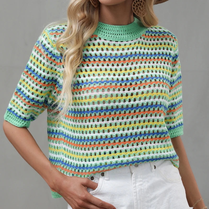 Dourbesty 90s Rainbow Hollow Out Knitwear Women See-through Striped T-Shirts Summer Boho Beach Style Cover-ups Crop Tops y2k