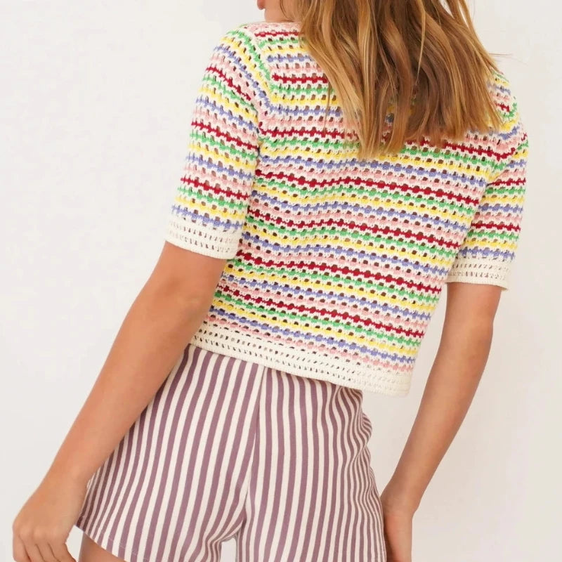 Dourbesty 90s Rainbow Hollow Out Knitwear Women See-through Striped T-Shirts Summer Boho Beach Style Cover-ups Crop Tops y2k