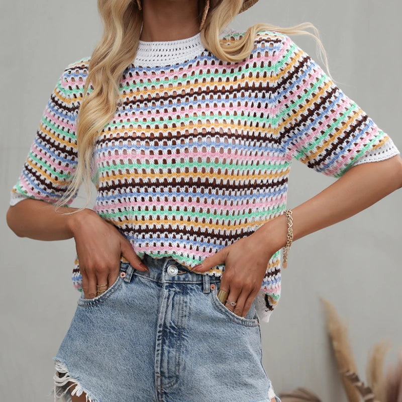 Dourbesty 90s Rainbow Hollow Out Knitwear Women See-through Striped T-Shirts Summer Boho Beach Style Cover-ups Crop Tops y2k