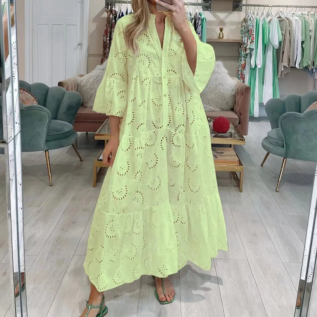 Dresses for Dresses Spring Summer Shirt Dress 2023 White dresses V-Neck Flared Sleeves Lace Hollow Solid Color Sexy Long Dresses