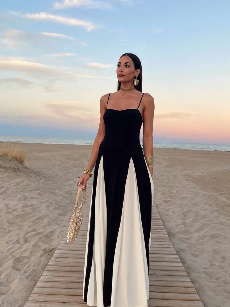 Elegant Black White Contrasting Women Sling Dress Fashion Backless Sleeveless High Waist Maxi Dresses Female Party A-line Robes