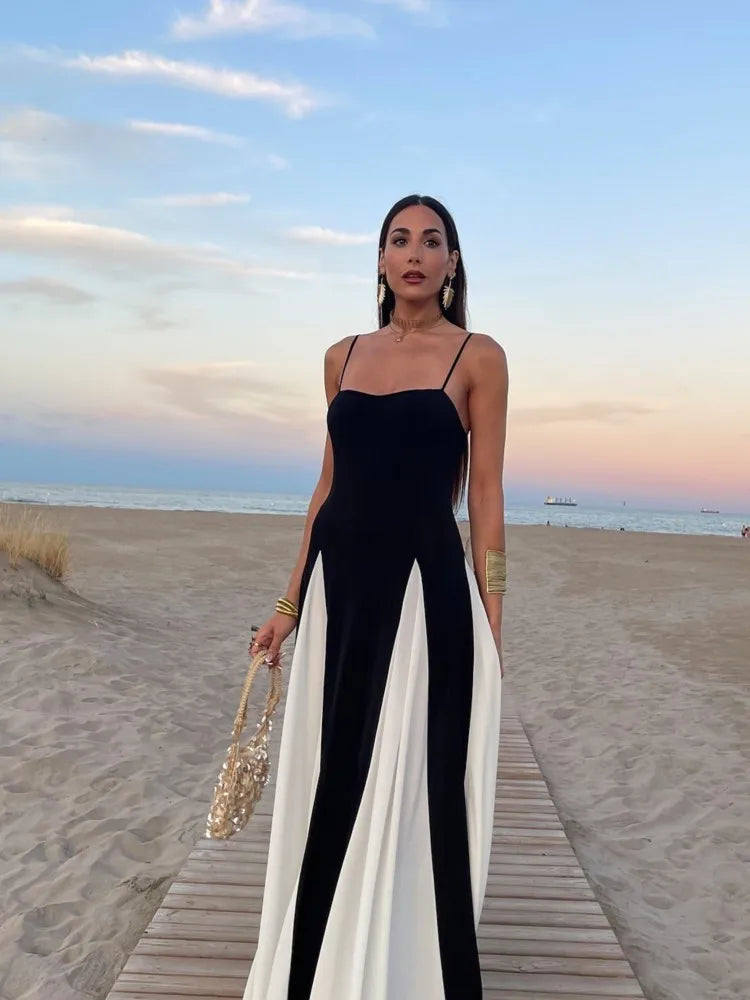 Elegant Black White Contrasting Women Sling Dress Fashion Backless Sleeveless High Waist Maxi Dresses Female Party A-line Robes