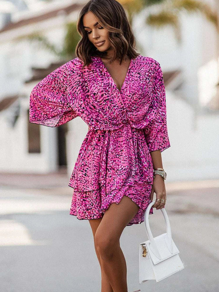 Elegant Office Dress For Wome's Casual Bat Sleeve Flowers Print Bohemian Beach Vacation Sundress Women Summer Ruffl Mini Dresses