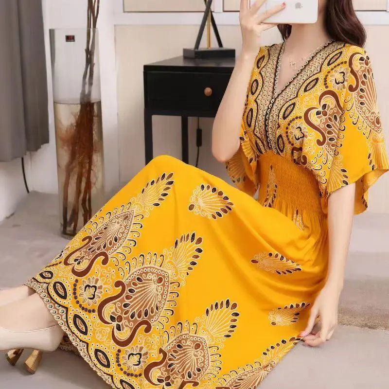 Elegant Sweet Bohemian Style V-neck Elastic Waist Loose Large Swing Flower Printed Girls Summer Dress for Woman 2023  Skirt