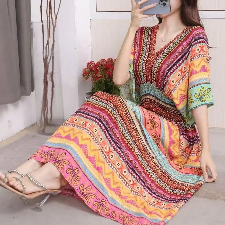 Elegant Sweet Bohemian Style V-neck Elastic Waist Loose Large Swing Flower Printed Girls Summer Dress for Woman 2023  Skirt