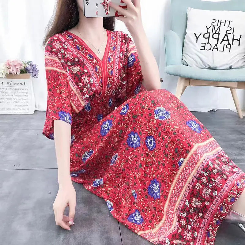 Elegant Sweet Bohemian Style V-neck Elastic Waist Loose Large Swing Flower Printed Girls Summer Dress for Woman 2023  Skirt